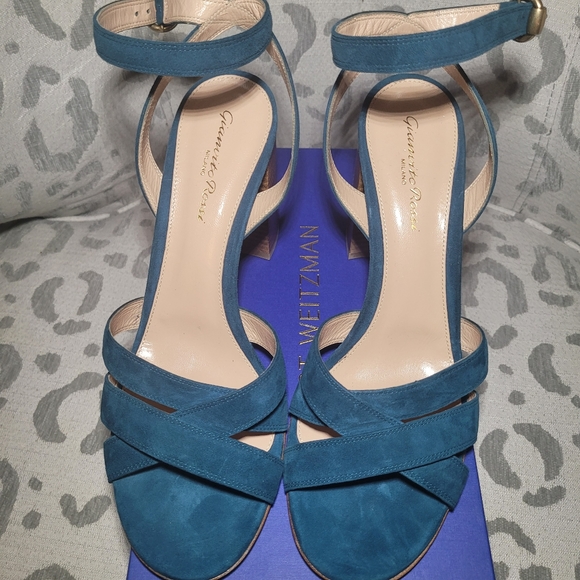 Gianvito Rossi Suede Crisscross Block Heel  Blue Teal Open Toe NEW - Picture 2 of 10